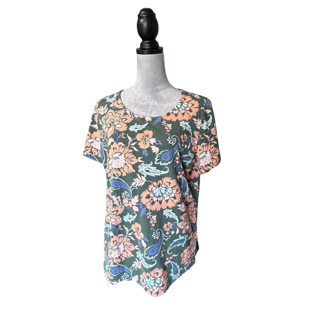 Denim & Co Womens Petite Floral Paisley Slub Knit Top Olive Green Peach SZ L